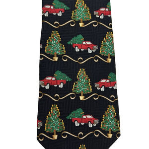 FN Men's Christmas Tie Navy Christmas Tree Car with Tree on top Necktie